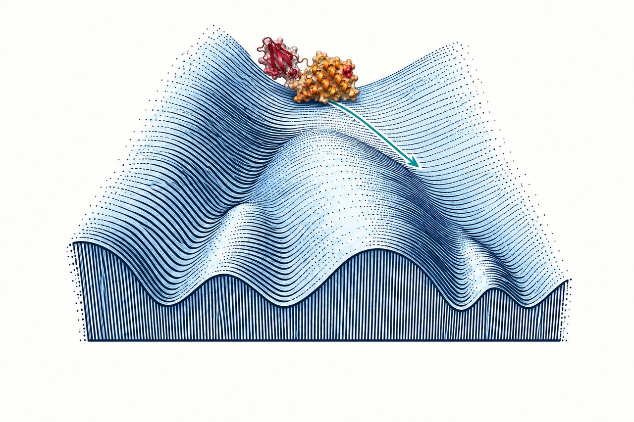 Engraving of a rugged landscape drawn as a stippled blue surface of peaks and valleys, with a protein complex rendered in red and orange resting on a ridge and an arrow tracing its path down into the basin beyond.