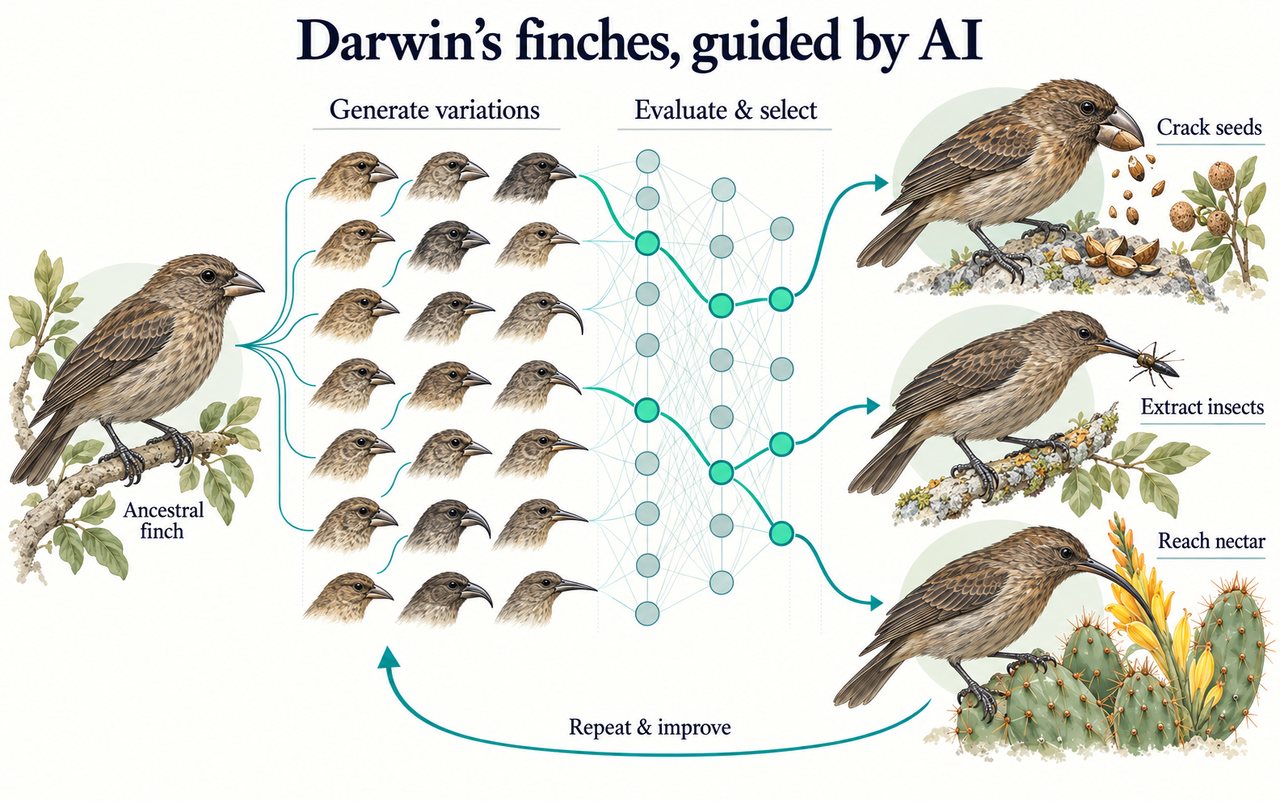 Illustration titled Darwin's finches, guided by AI. An ancestral finch on the left gives rise to a grid of generated head variations, which pass through a neural network that evaluates and selects them, yielding three specialized finches on the right adapted to crack seeds, extract insects and reach nectar. An arrow along the bottom labelled repeat and improve closes the loop.
